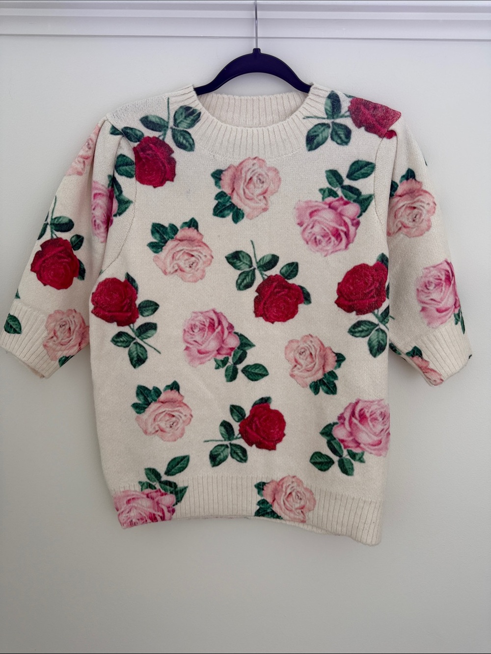 Vine & Love Cream Sweater with Pink and Red Rose Print